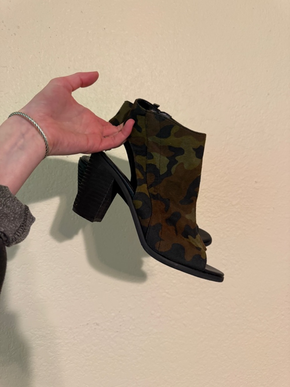Very Volatile Brand Women’s Camouflage Peep-Toe Block Heel Booties - Olive/Black
